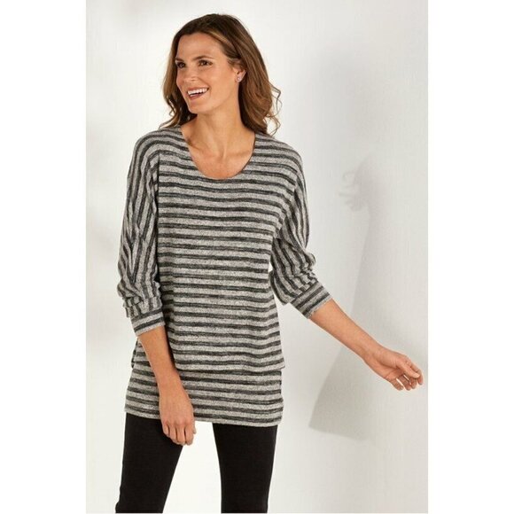 Soft Surroundings Women Sz S Gray Fuzzy Striped Layered Sweater Tunic Top Blouse - Picture 1 of 10
